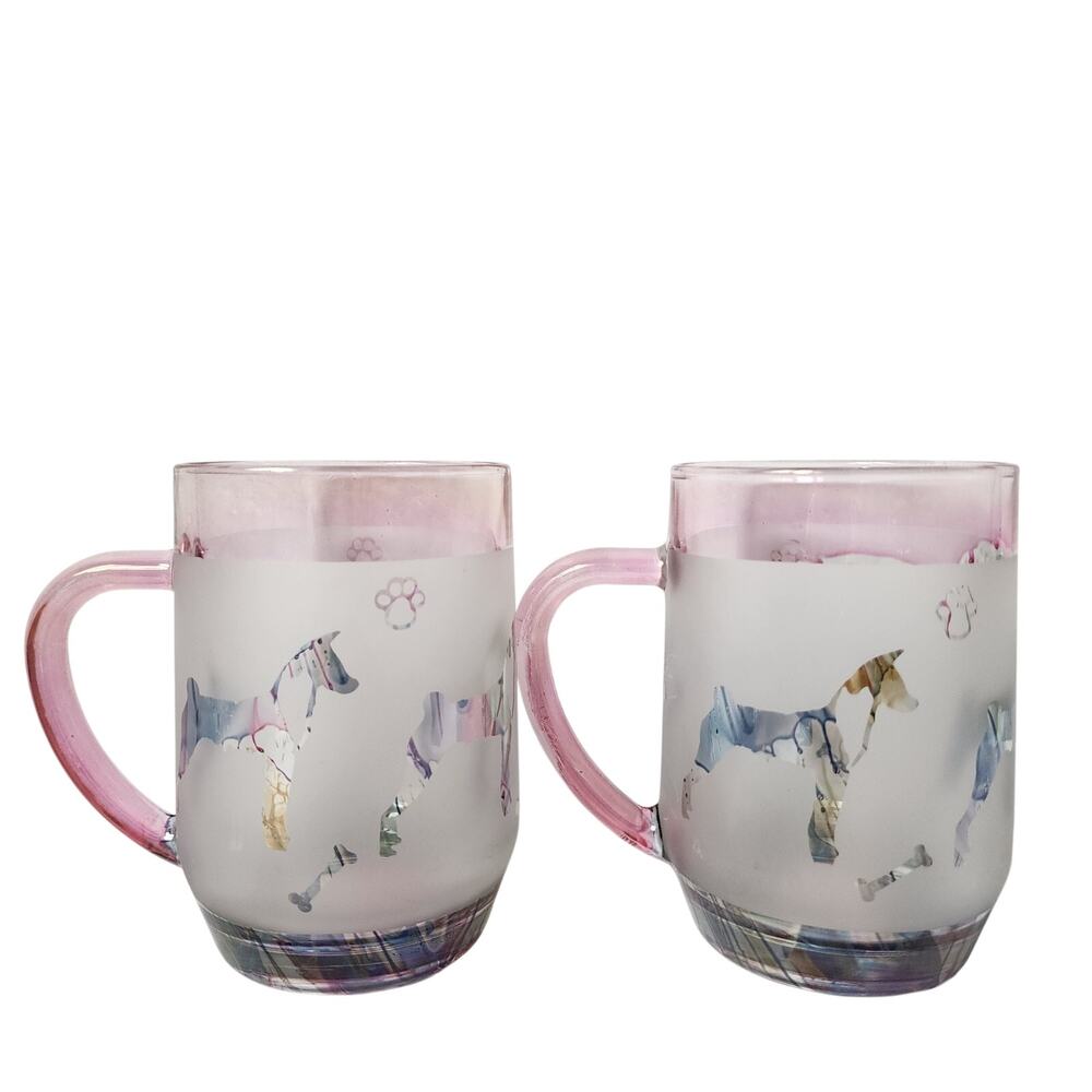 Luminarc Mugs Set Of 2 Frosted Glass Dogs Clear Pink Handle 16 Oz